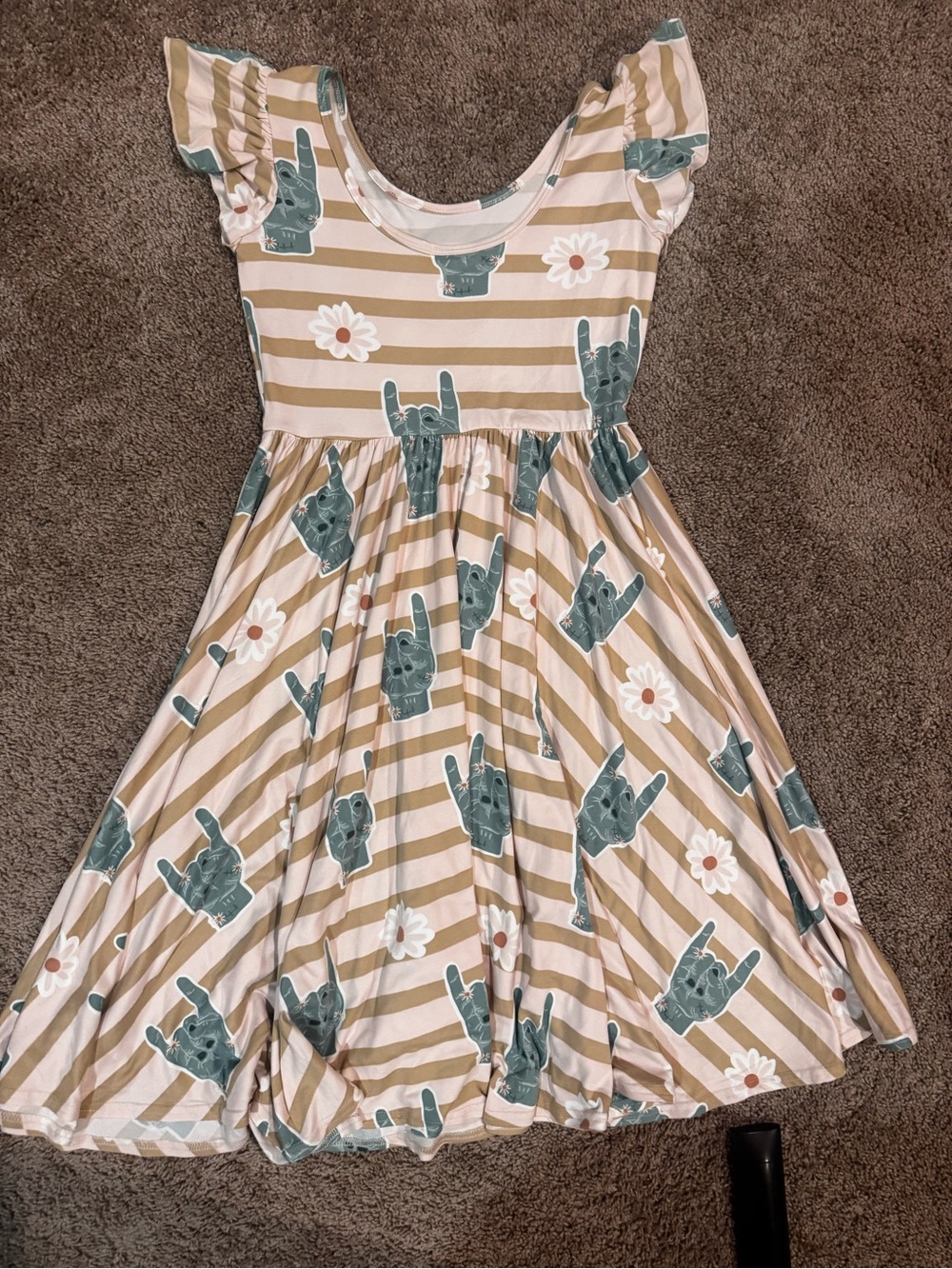 Girls Beige & Teal Striped Floral Graphic Dress (size 12-14)